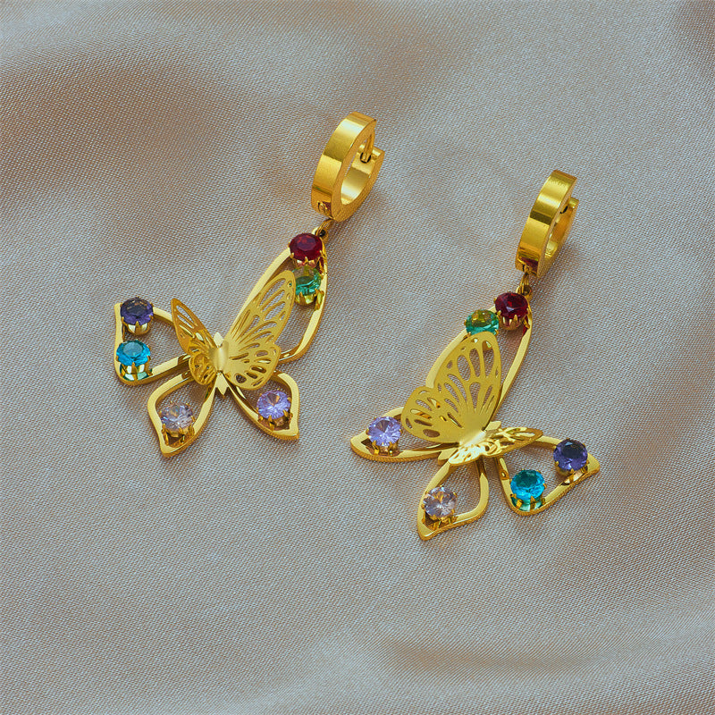 Titanium Steel Hollow Jeweled Butterfly Earrings