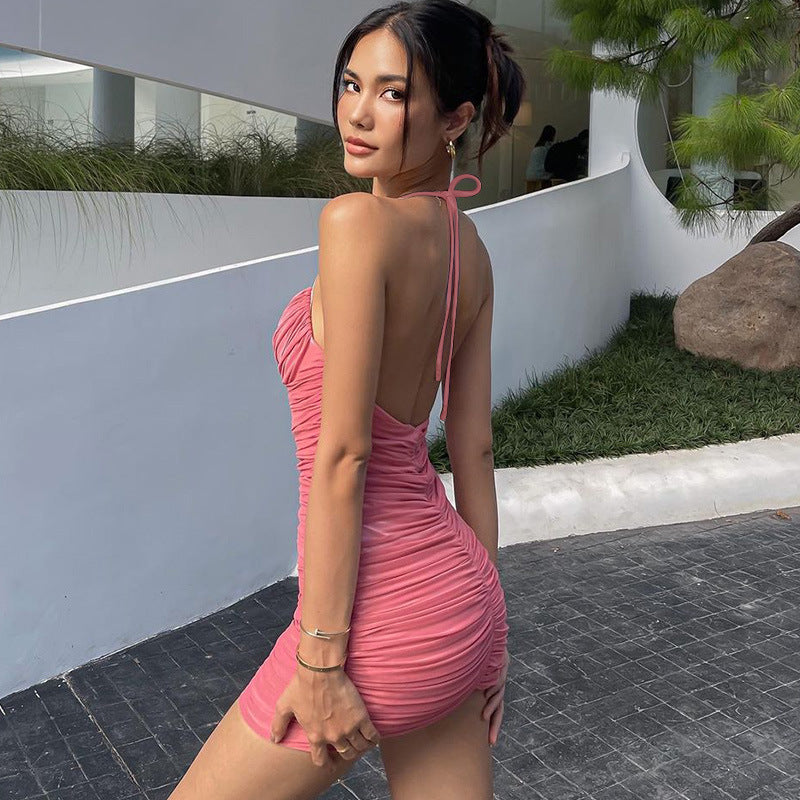 Womens Casual V Neck Pleated Lace Up Dress Polyester