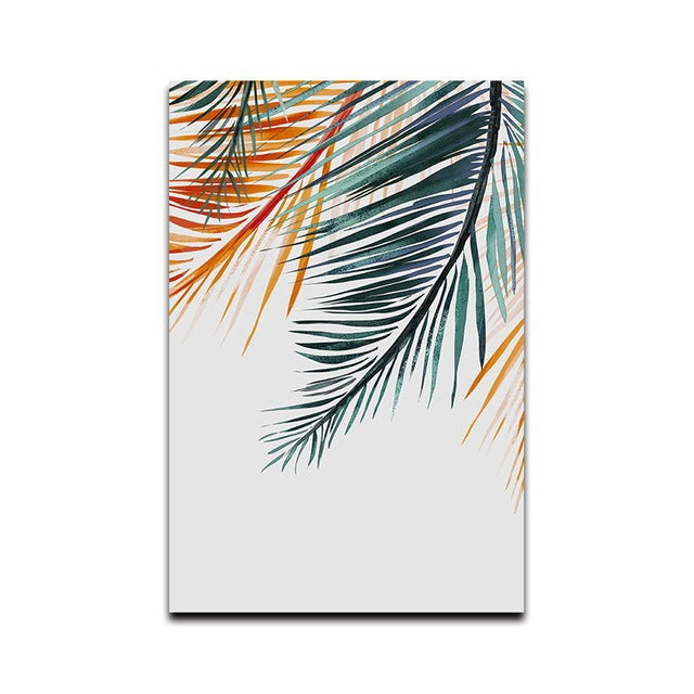 Tropical Plant Wall Art – Simple Green & Gold Leaf Oil Painting Canvas Decor