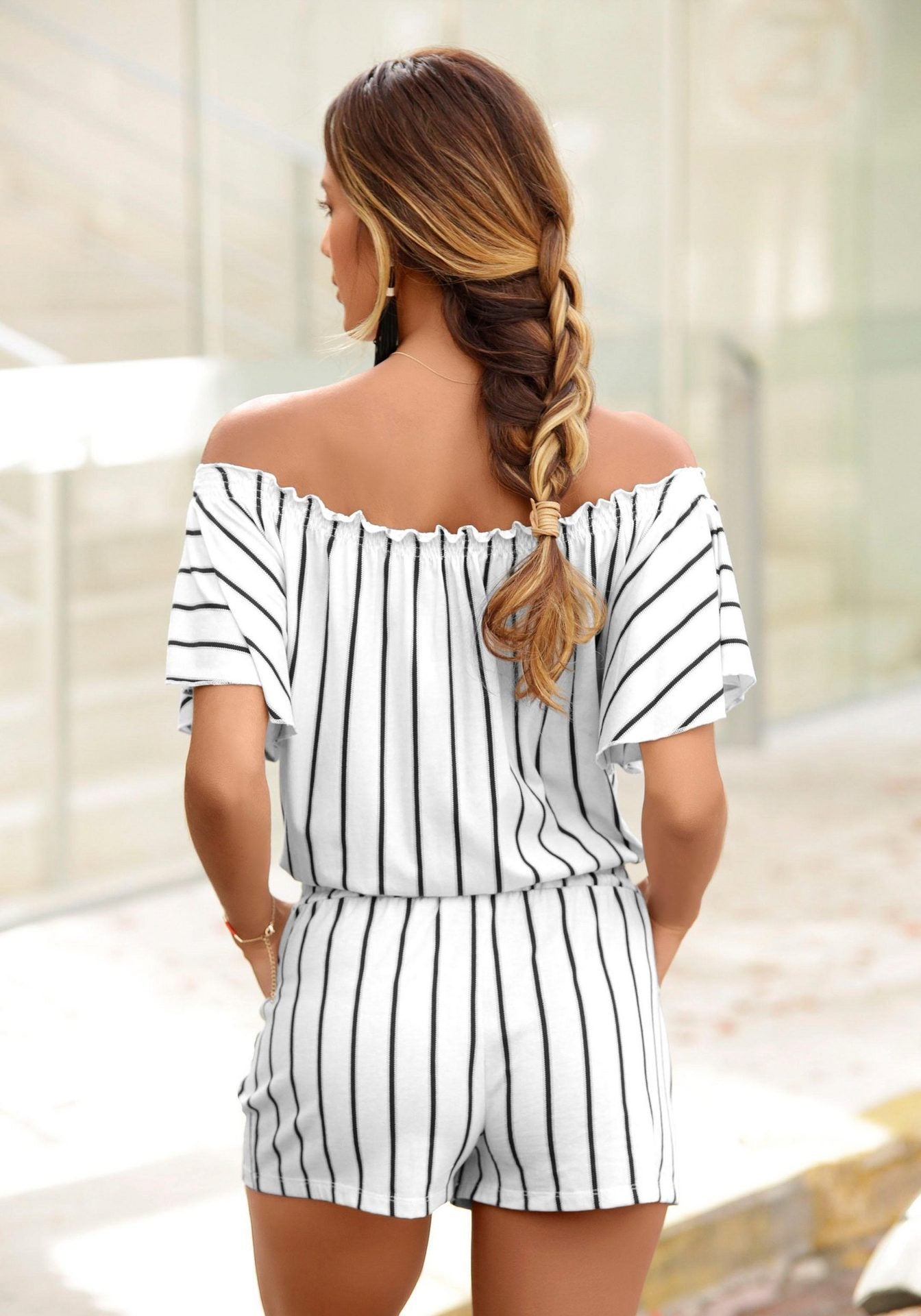 Striped neckline double pocket jumpsuit