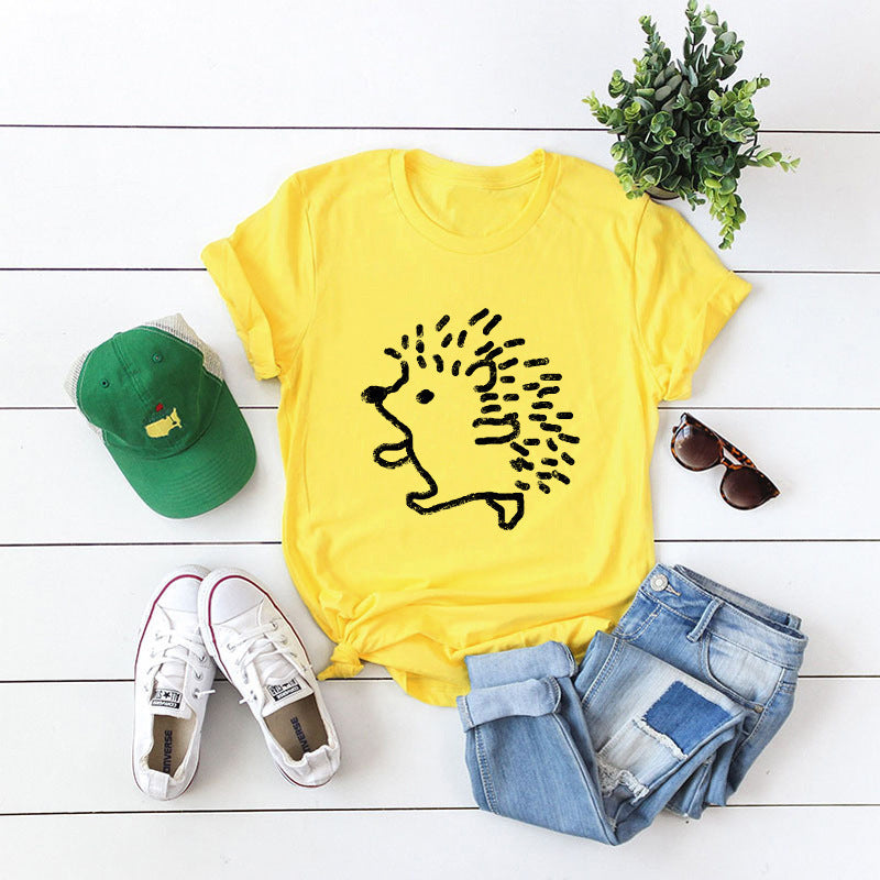 Women's  COTTON Hedgehog Round Neck Short Sleeve T-shirt Women