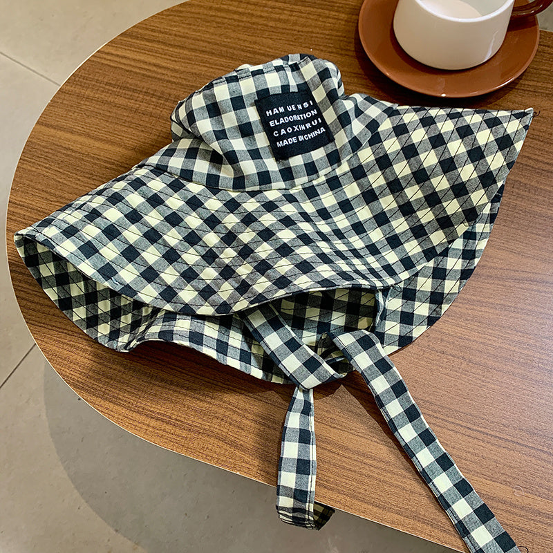 Breathable Cotton Tie-Neck Plaid Women’s Summer Japanese Retro Bucket Hat