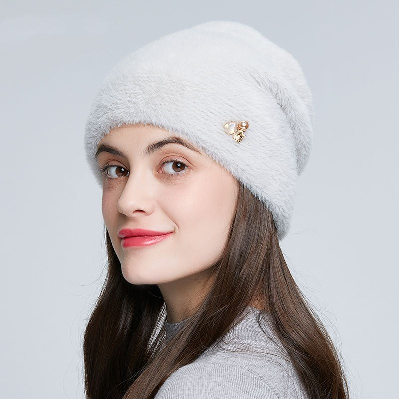 Imitation Mink Knit Wool Hat Women Rhinestone Fashion