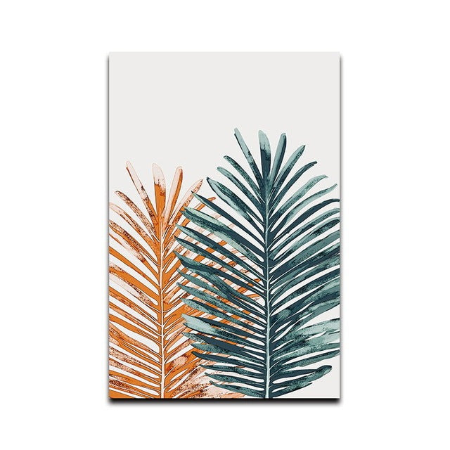 Tropical Plant Wall Art – Simple Green & Gold Leaf Oil Painting Canvas Decor