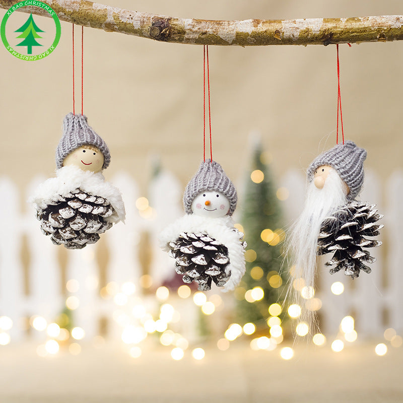 Christmas Wooden Doll Pine Cone Pendant Mini Hanging Decoration