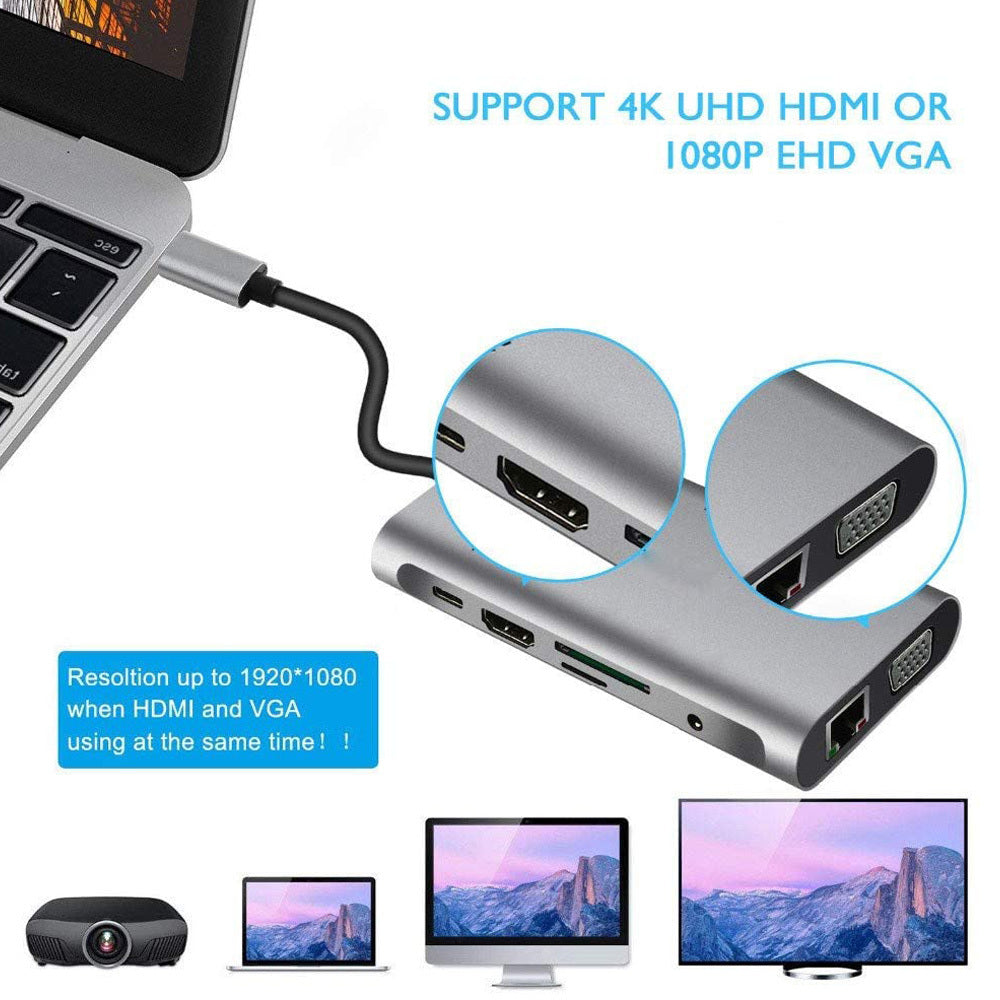 10-in-1 USB-C Hub with HDMI – 4K Display, Gigabit Ethernet, 3×USB, SD/MicroSD, 100W PD