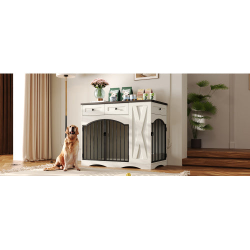 GO 43.3 Farmhouse Dog Crate Furniture, Heavy Duty Dog Crate With 3 Drawers, Indoor Wooden Dog Kennel With Removable Feeder, Dog Cage End Table For Medium Large Dogs, White