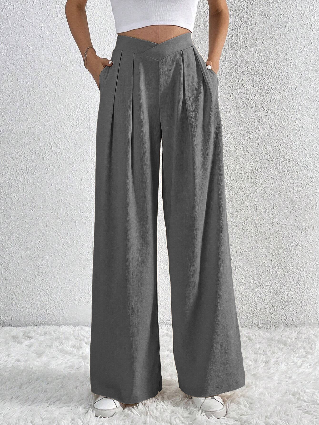 Women’s Pleated Wide-Leg Pants – Solid Color High-Waist Loose Casual Commuting Trousers