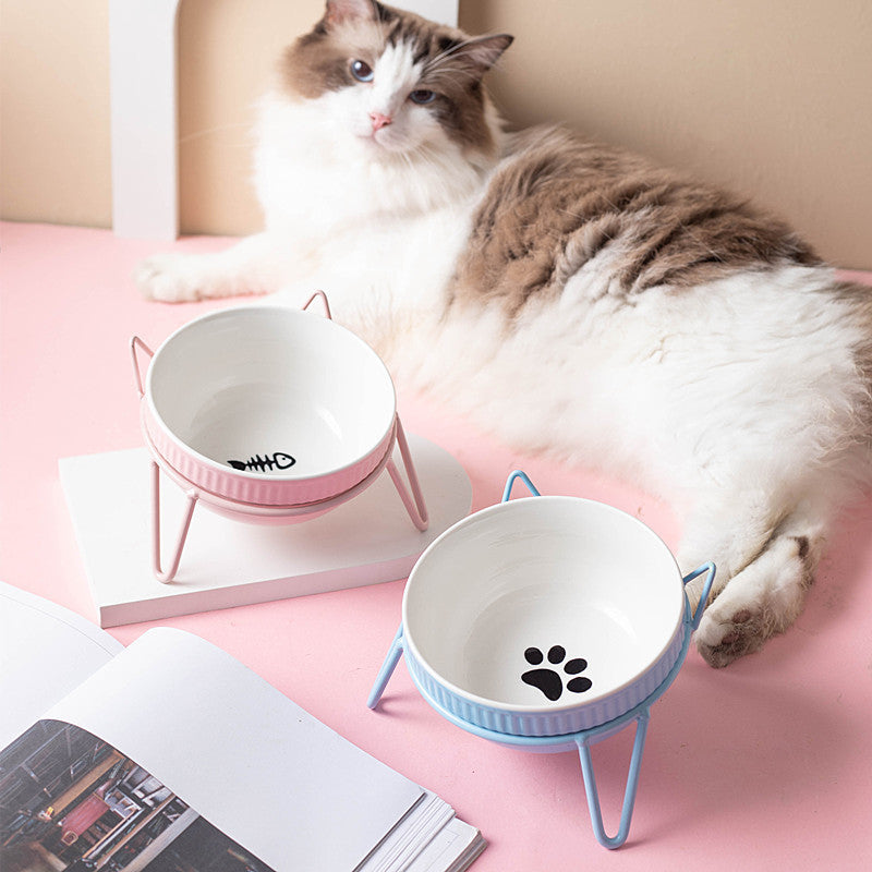 Ceramic Pet Bowl High Foot Neck Protection Snacks Anti-black Chin Oblique Mouth