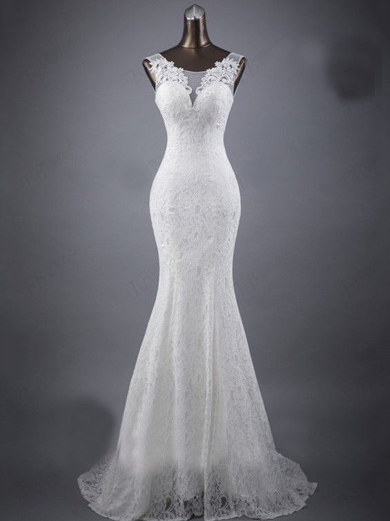 Elegant Lace Slim Double Shoulder Fishtail Wedding Dress with Tail
