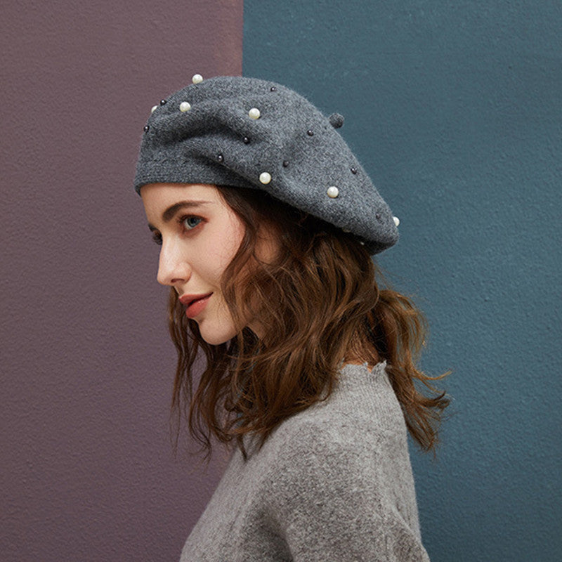 Elegant Pearl-Embellished Korean Rabbit Fur Women’s Autumn Winter Beret