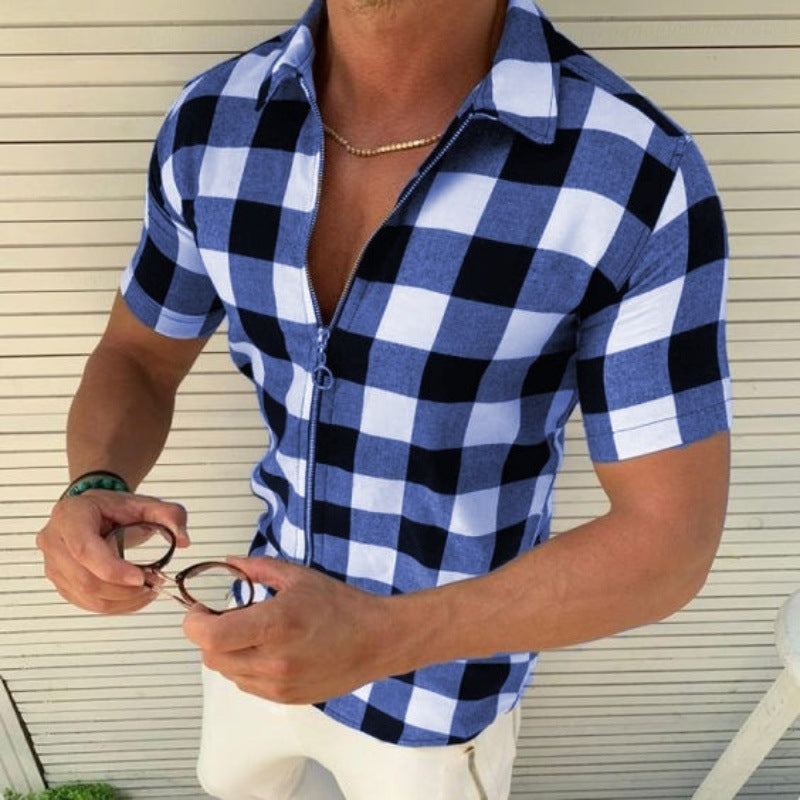Mens Plaid Short Sleeve Shirt Regular Fit Acetate Lapel