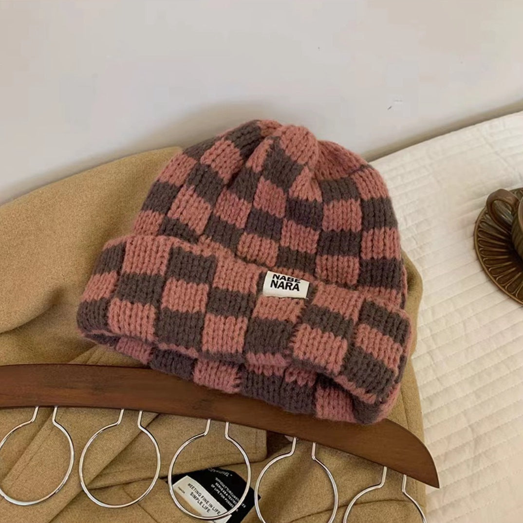 Chessboard Plaid Knitted Hat for Women – Autumn & Winter Korean Style Beanie