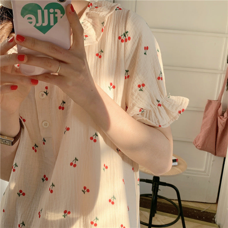 Cute Little Cherry Casual Loungewear Dress Doll Collar Nightdress
