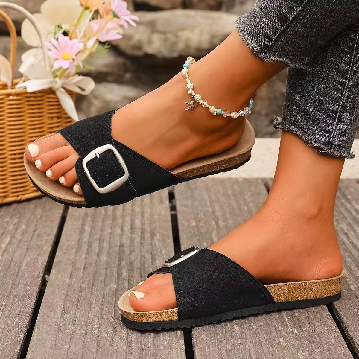 Womens OpenToe Sandals Belt Buckle Canvas Solid Color