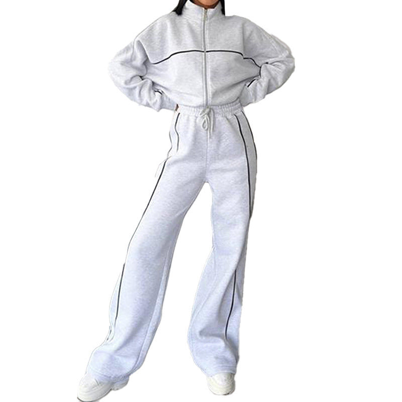 Unisex Striped Polyester Mock Neck Hoodie Suit With Trousers