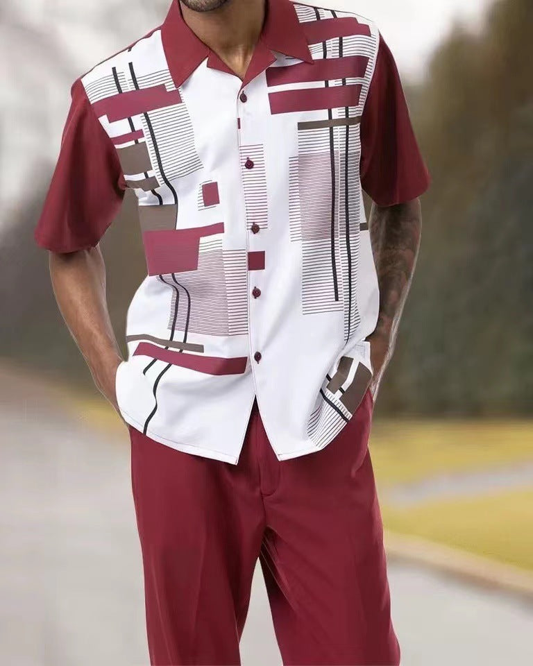 Plus Size Men's Short Sleeve Lapel Shirt Casual Pants Set