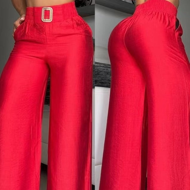 Women’s Elegant Red Wide-Leg Pants with Metal Detail – Polyester Loose Fit Trousers