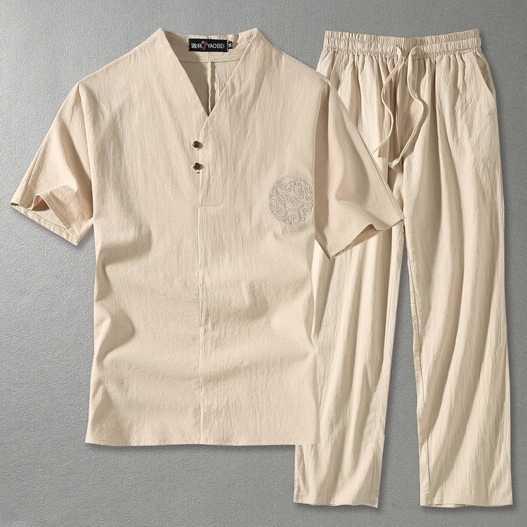 Unisex Cotton Linen Casual Loose Fit Two Piece Set V Neck