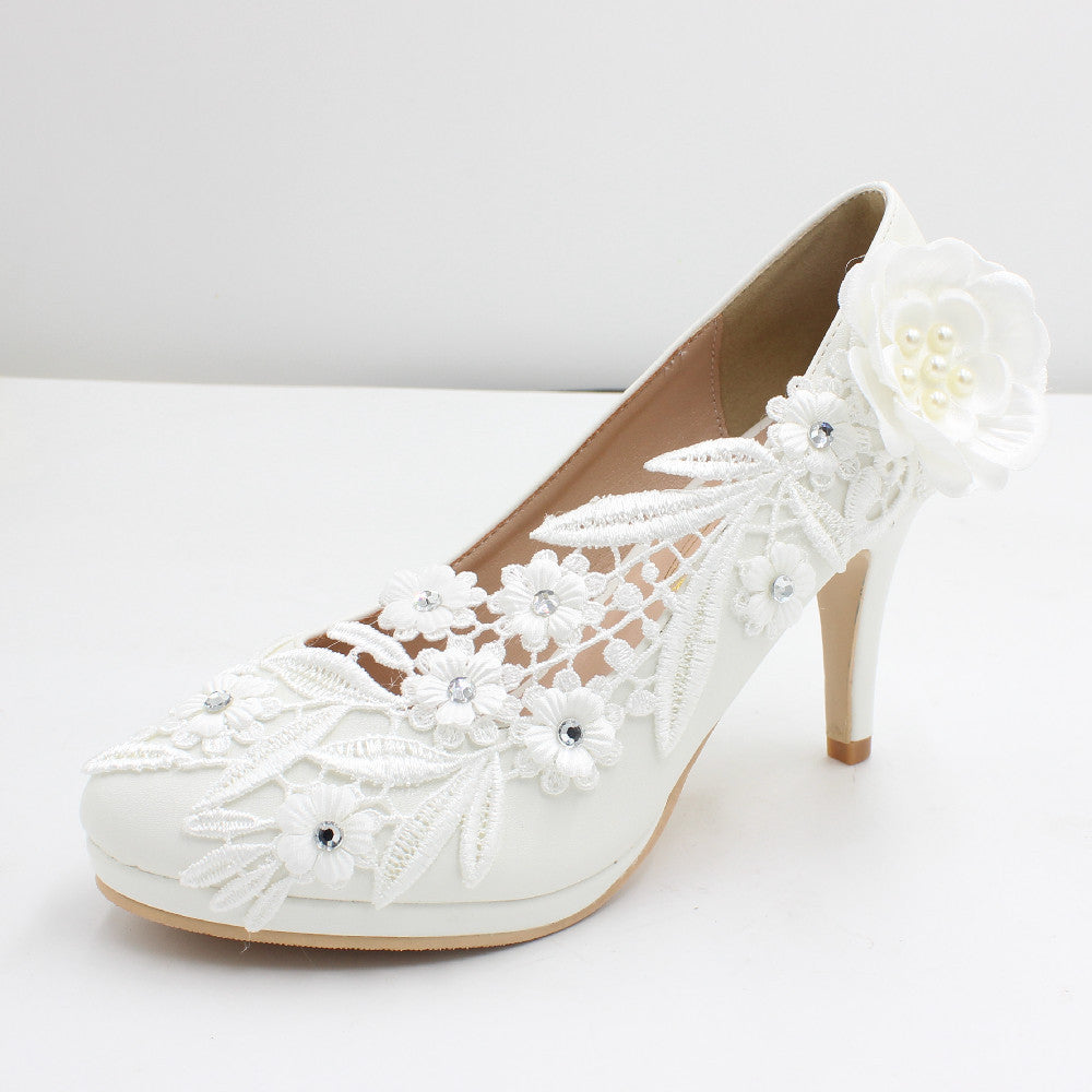 White Matte Lace Flower Wedding Stiletto Heels
