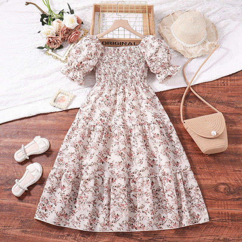 Girls Short Sleeve Cotton Blend Princess Dress Floral