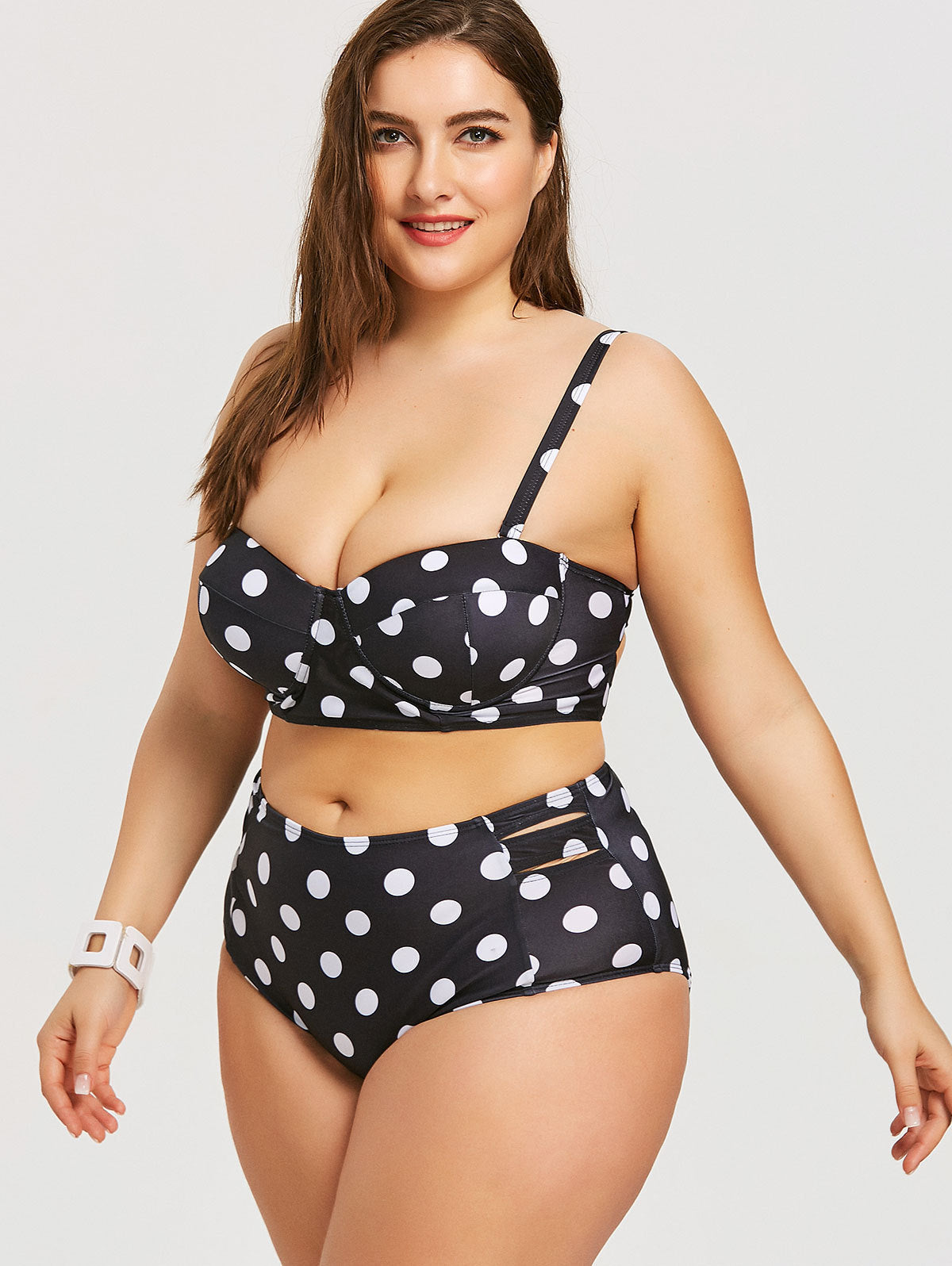 Womens Retro Black Polyester TwoPiece Swimsuit Set PlusSize