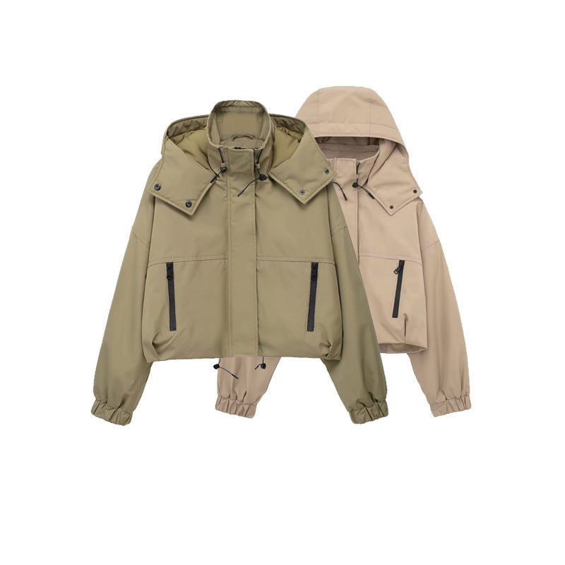 Women's Hooded Short Jacket Polyester Loose Fit Khaki