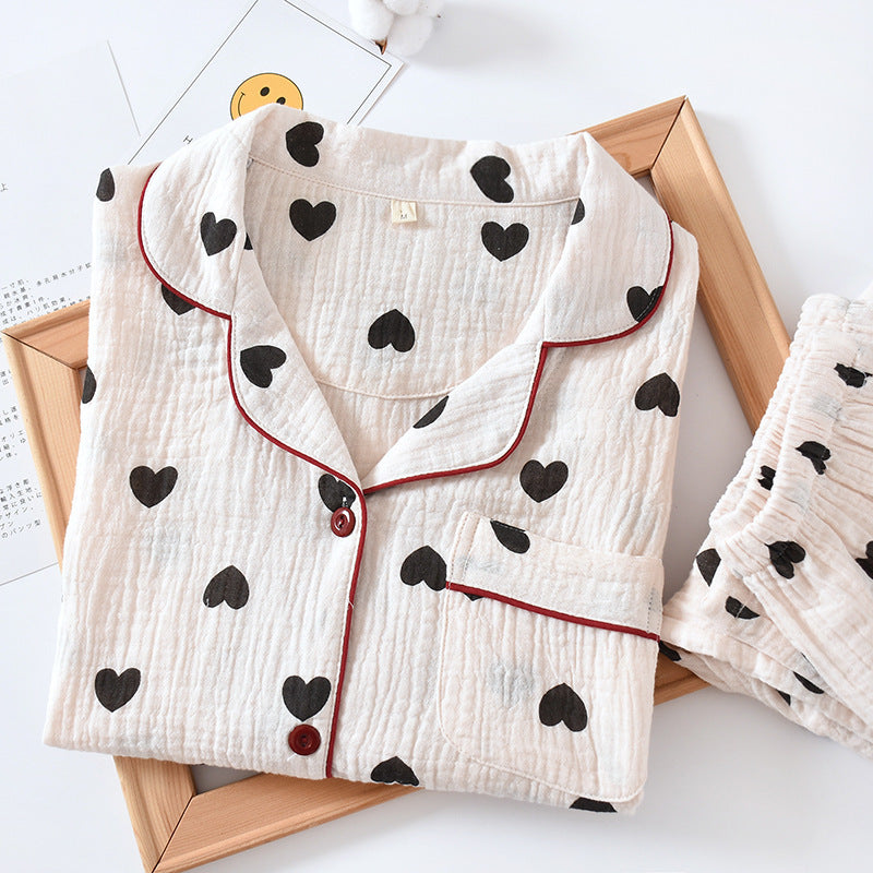 Women's Double Layer Cotton Pajamas Heart Print Homewear