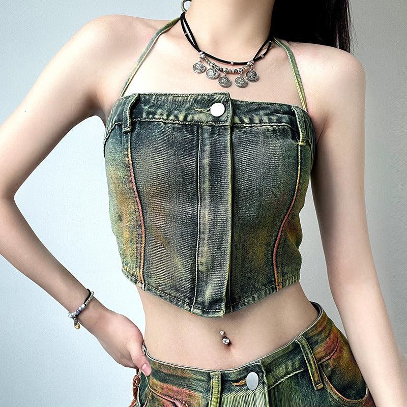 Washed And Worn Zipper Tube Top Denim Vest Women
