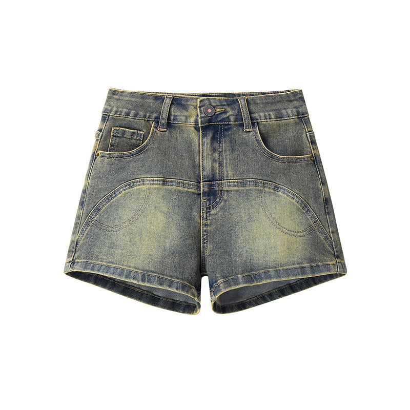 Mud Yellow Stretch Denim Shorts for Women – Soft, High-Stretch, Raw Hem