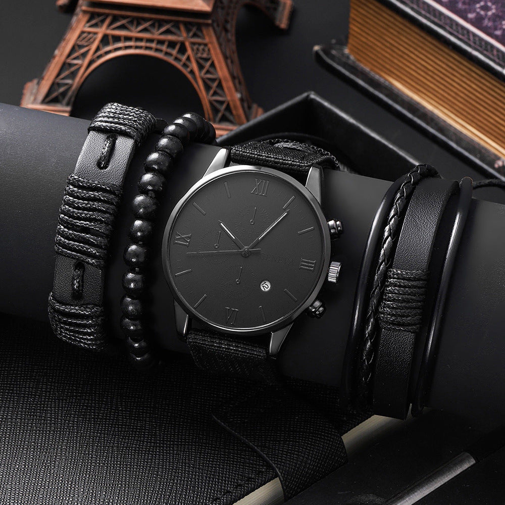Single Calendar Fake Three-eye Canvas Quartz Watch Pu Bracelet Set