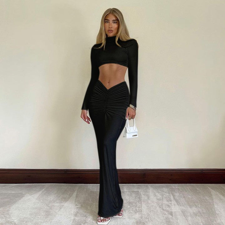 Solid Color Casual Long-sleeved Turtleneck Top Dress Suit