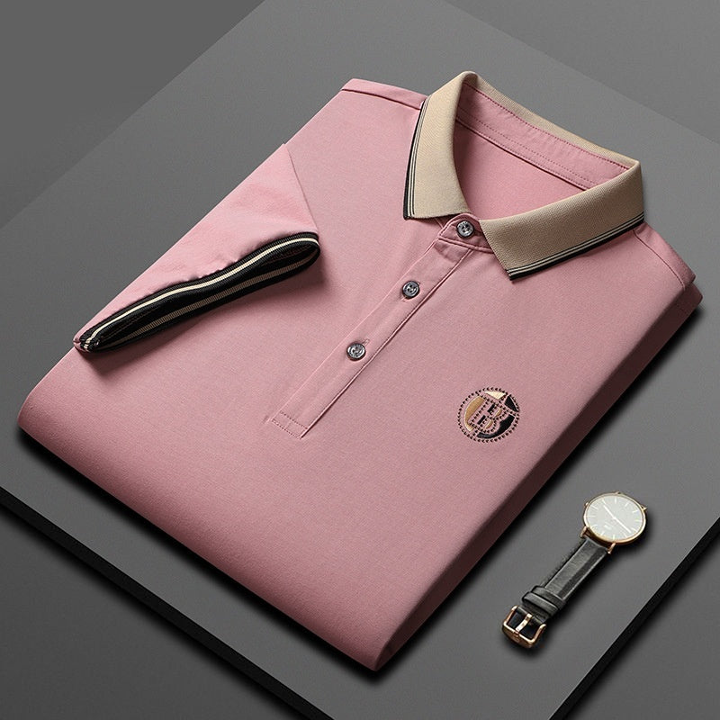 Pique Lapel T-shirt Embroidered Rhinestone Casual Short Sleeve