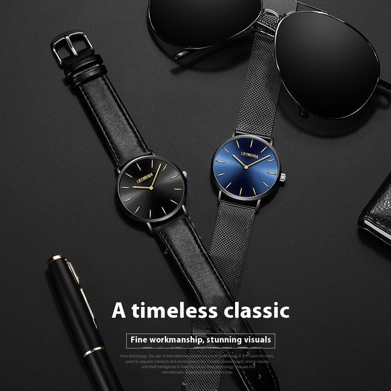 Slim Quartz Watch Men's Stainless Steel Band Easy To Read