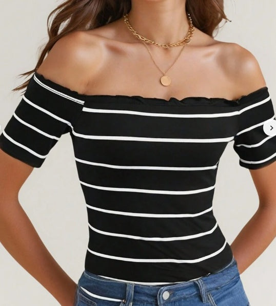 Womens Slim Fit Off Shoulder Striped Polyester Blend