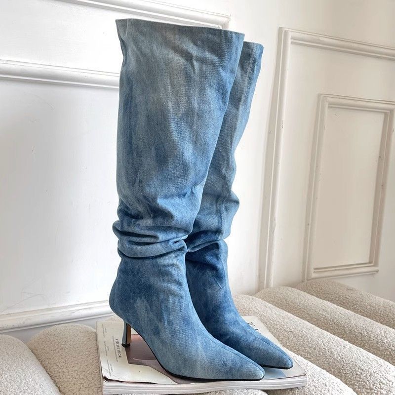 Pointed Toe Women's Stiletto Denim High Heel Below The Knee Boots