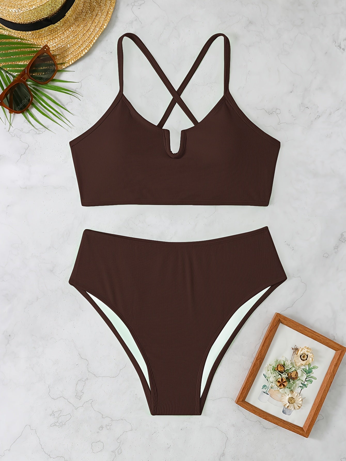 Retro Coffee Color Plus Size Polyester Swimsuit – Stylish & Comfortable