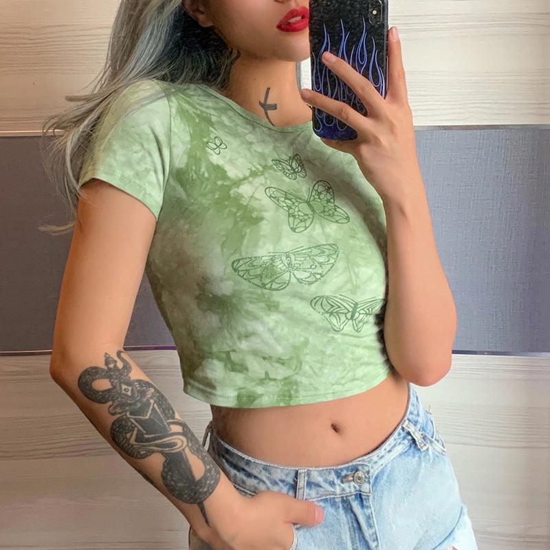 Sexy Tie-dye Butterfly Print Slim Round Neck Short T-shirt Top Women