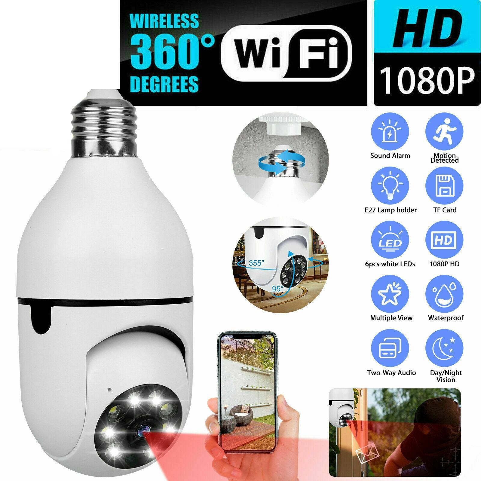 Plastic E27 Light Bulb Camera 1080P Wireless Home Security