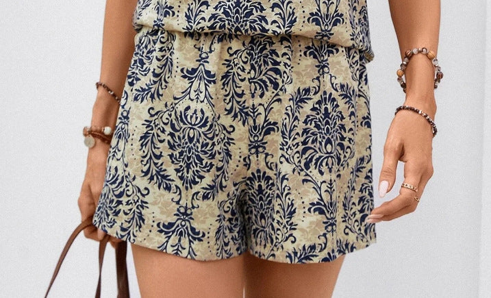 Loose Printed Casual Suit V-neck Short Sleeve Top Elastic Waist Shorts