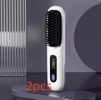 2-in-1 Wireless Hair Straightener Brush and Curler USB Rechargeable Fast Heating Comb