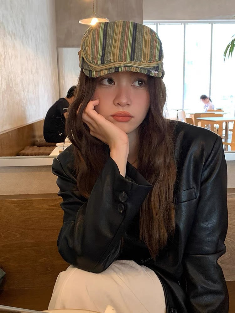 Japanese-style Retro Beret Women's All-matching Striped Plaid Makes Face Look Smaller