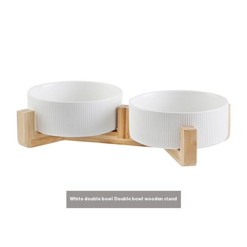 Pet Simple Wooden Frame Anti-tumble Ceramic Bowl