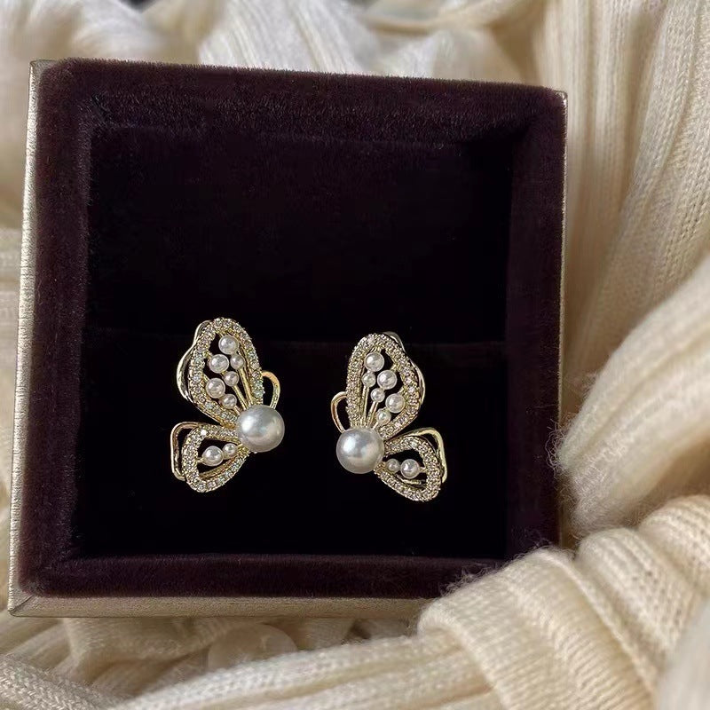 Hollow Butterfly Pearl Stud Earrings For Women