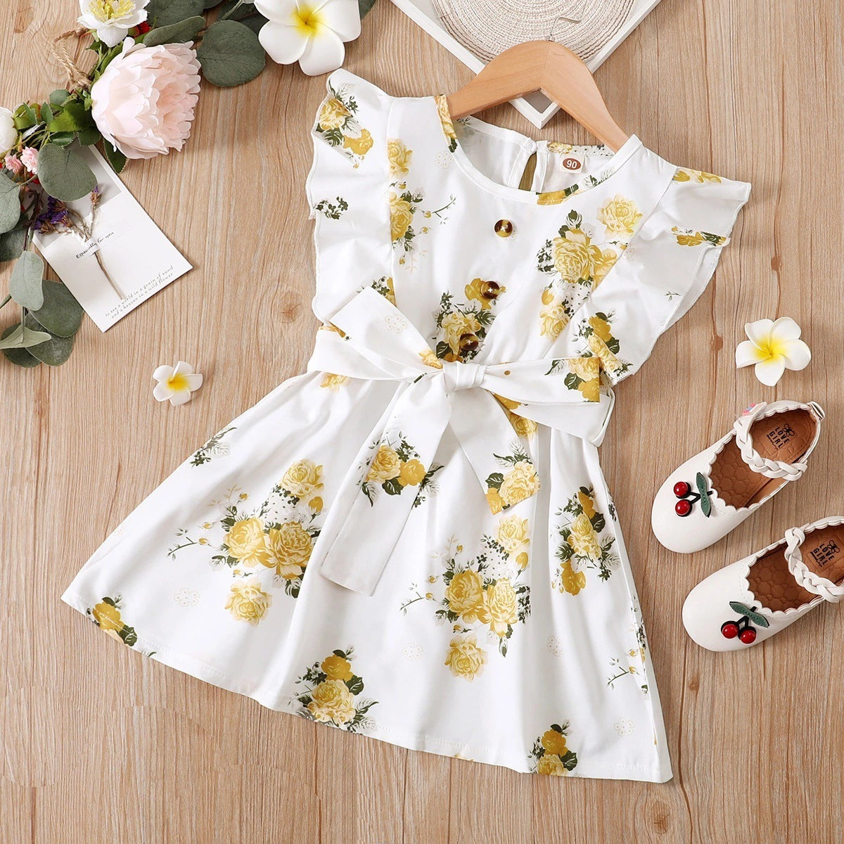 Small And Medium-sized Children's Small Flying Sleeves Ruffled Print Floral Belt Dress