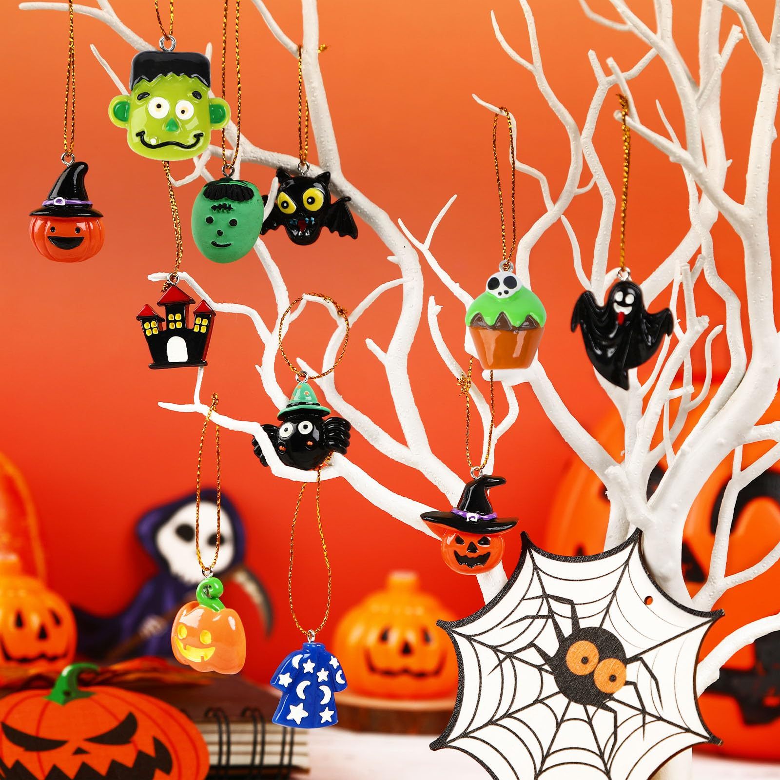 36PCS Mini Resin Halloween Ornaments – Small Hanging Figurines and Pendants for Party and Tree Decorations