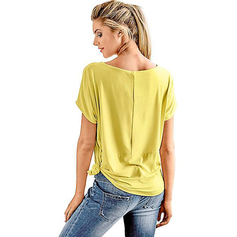 Stitching Hundred Towers Bat Sleeve Knotted Women T-Shirt Top