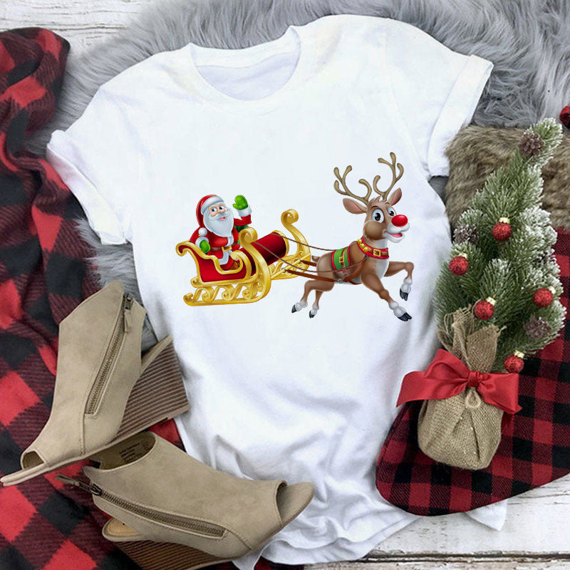 Christmas Cute Reindeer Print Short Sleeve T-shirt For Women