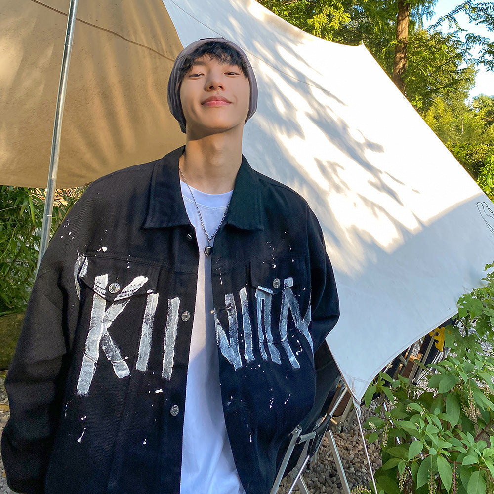 Graffiti Letter Printing Handsome High Street Denim Jacket For Young Men Baggy Coat