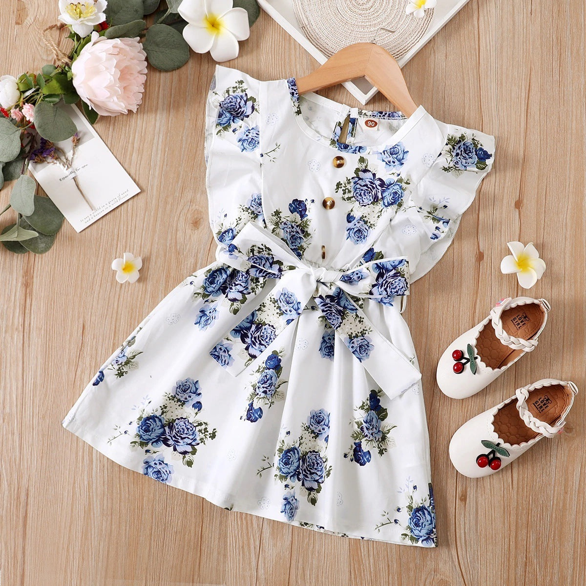 Small And Medium-sized Children's Small Flying Sleeves Ruffled Print Floral Belt Dress